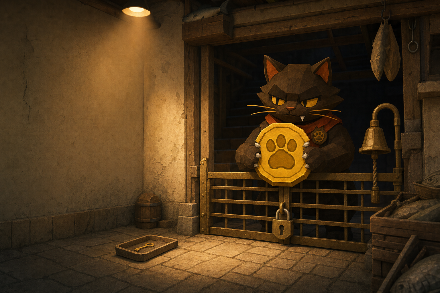 Claw Hold behind the brass gate at the night entrance, coin in his grip